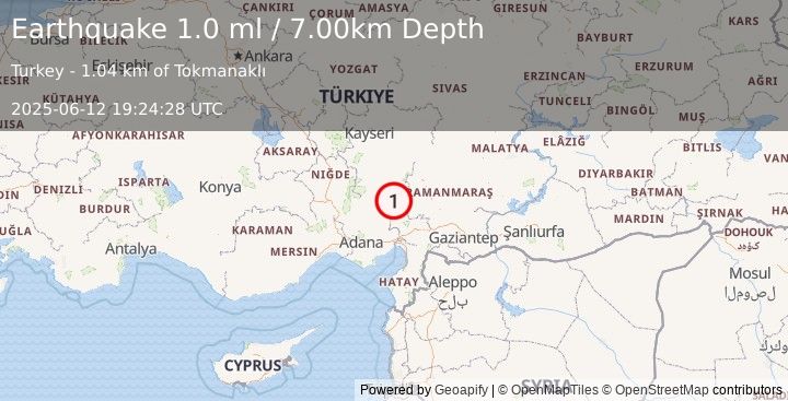 Earthquake CENTRAL TURKEY (1.0 ml) (2025-06-12 19:24:28 UTC)