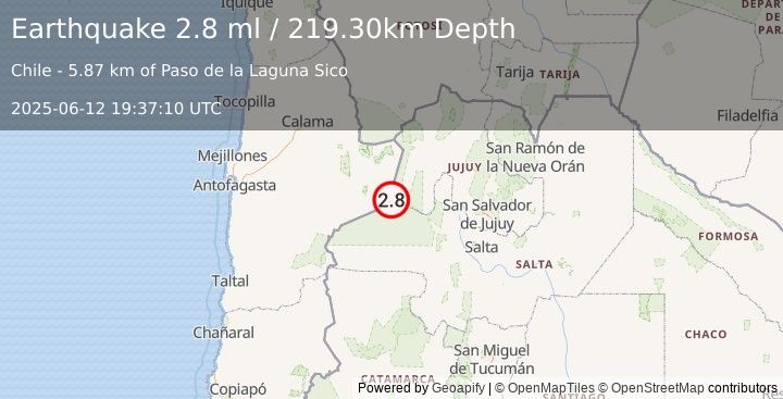 Earthquake SALTA, ARGENTINA (2.8 ml) (2025-06-12 19:37:10 UTC)