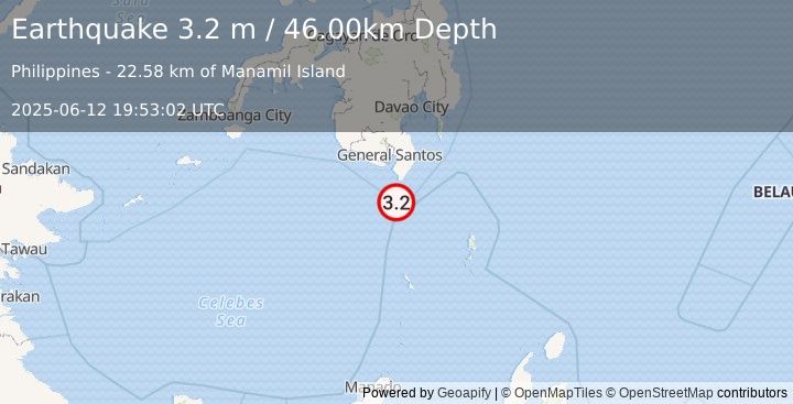 Earthquake MINDANAO, PHILIPPINES (3.2 m) (2025-06-12 19:53:02 UTC)