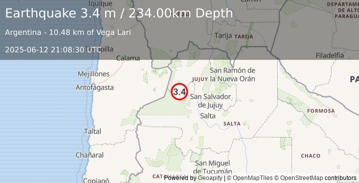 Earthquake JUJUY, ARGENTINA (3.5 ml) (2025-06-12 21:08:19 UTC)