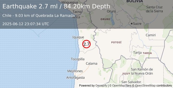Earthquake TARAPACA, CHILE (2.7 ml) (2025-06-12 23:07:34 UTC)