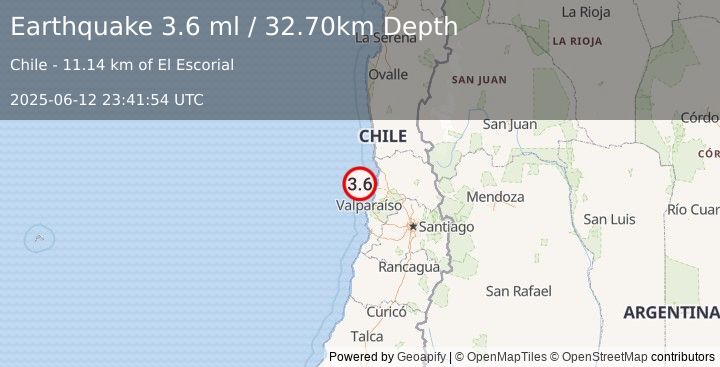 Earthquake OFFSHORE VALPARAISO, CHILE (3.6 ml) (2025-06-12 23:41:54 UTC)