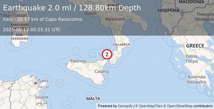 Earthquake SICILY, ITALY (2.0 ml) (2025-06-13 00:25:31 UTC)
