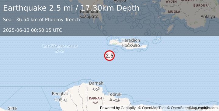 Earthquake CRETE, GREECE (2.5 ml) (2025-06-13 00:50:15 UTC)