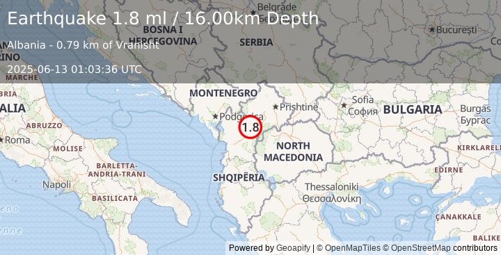 Earthquake ALBANIA (1.8 ml) (2025-06-13 01:03:36 UTC)