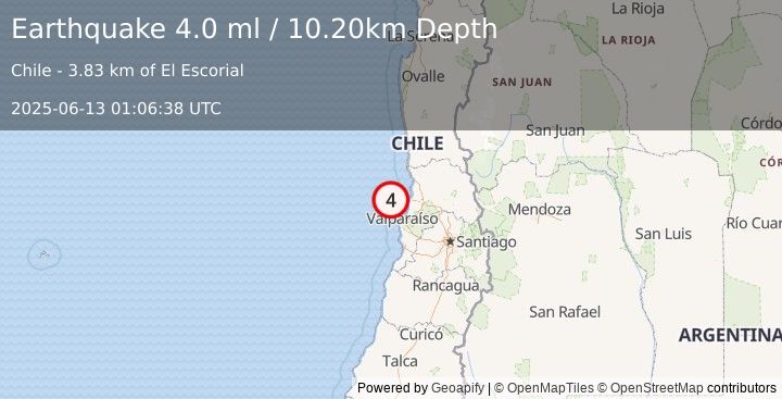Earthquake OFFSHORE VALPARAISO, CHILE (4.0 ml) (2025-06-13 01:06:39 UTC)