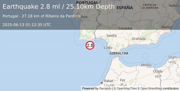 Earthquake STRAIT OF GIBRALTAR (2.8 ml) (2025-06-13 01:12:35 UTC)
