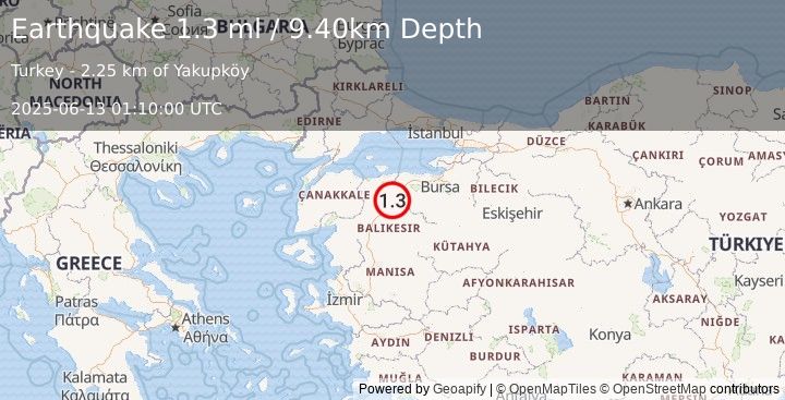 Earthquake WESTERN TURKEY (1.3 ml) (2025-06-13 01:10:00 UTC)