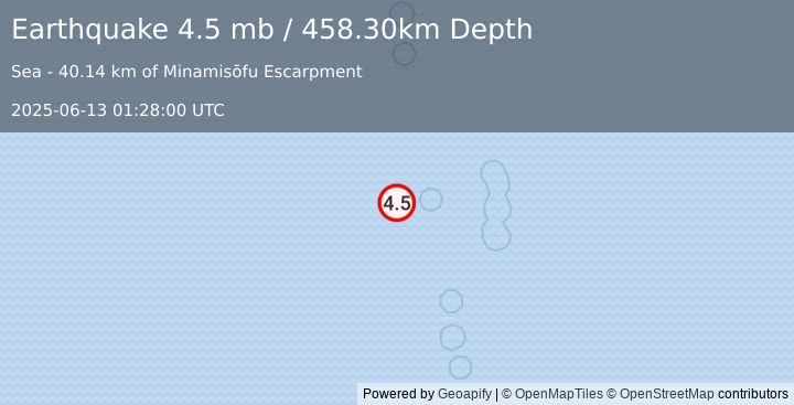 Earthquake BONIN ISLANDS, JAPAN REGION (4.5 mb) (2025-06-13 01:28:00 UTC)