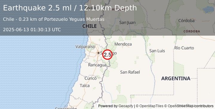 Earthquake REGION METROPOLITANA, CHILE (2.5 ml) (2025-06-13 01:30:13 UTC)