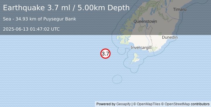 Earthquake OFF W. COAST OF S. ISLAND, N.Z. (3.7 ml) (2025-06-13 01:47:02 UTC)