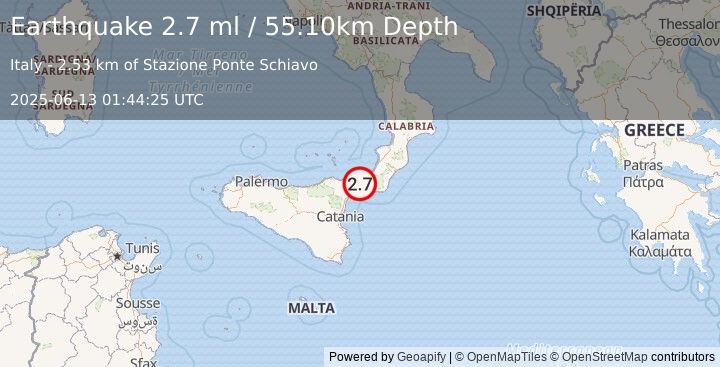 Earthquake SICILY, ITALY (2.7 ml) (2025-06-13 01:44:25 UTC)