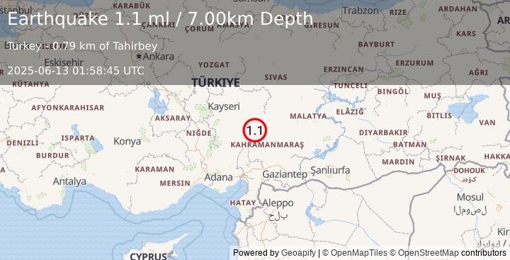 Earthquake CENTRAL TURKEY (1.1 ml) (2025-06-13 01:58:45 UTC)