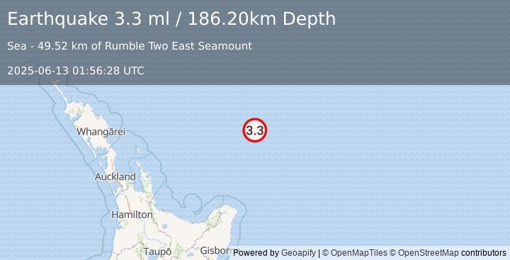 Earthquake OFF E. COAST OF N. ISLAND, N.Z. (3.3 ml) (2025-06-13 01:56:28 UTC)