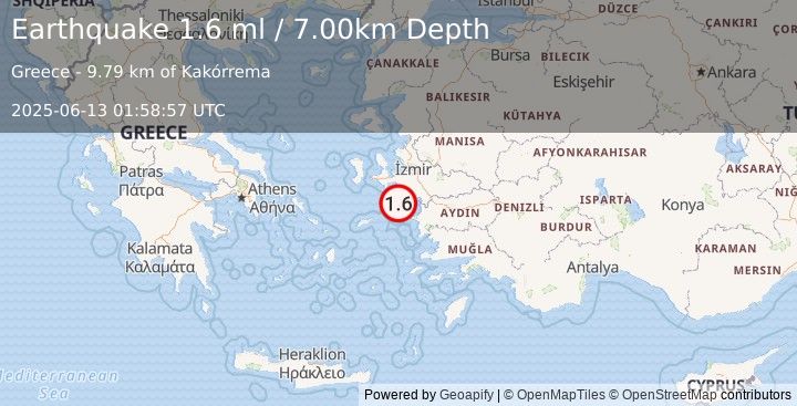 Earthquake DODECANESE ISLANDS, GREECE (1.6 ml) (2025-06-13 01:58:57 UTC)