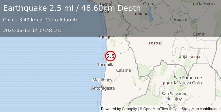 Earthquake ANTOFAGASTA, CHILE (2.5 ml) (2025-06-13 02:17:48 UTC)