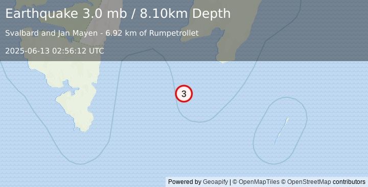 Earthquake SVALBARD REGION (3.0 mb) (2025-06-13 02:56:12 UTC)