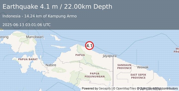 Earthquake NEAR N COAST OF PAPUA, INDONESIA (4.1 m) (2025-06-13 03:01:06 UTC)