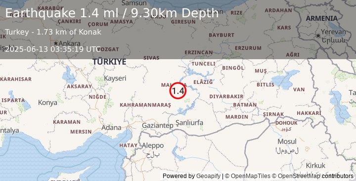 Earthquake EASTERN TURKEY (1.4 ml) (2025-06-13 03:35:19 UTC)