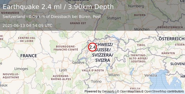 Earthquake SWITZERLAND (2.4 ml) (2025-06-13 04:54:09 UTC)