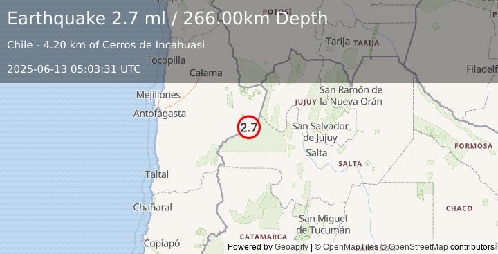 Earthquake ANTOFAGASTA, CHILE (2.7 ml) (2025-06-13 05:03:31 UTC)