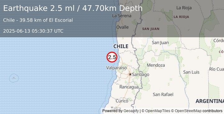 Earthquake OFFSHORE VALPARAISO, CHILE (2.5 ml) (2025-06-13 05:30:37 UTC)