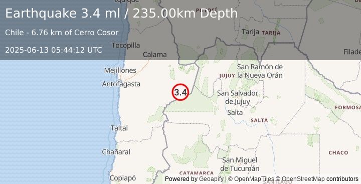 Earthquake ANTOFAGASTA, CHILE (3.4 ml) (2025-06-13 05:44:12 UTC)