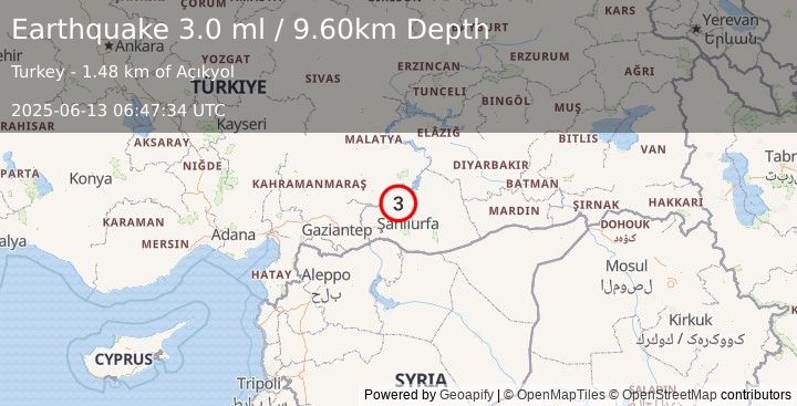 Earthquake EASTERN TURKEY (3.0 ml) (2025-06-13 06:47:34 UTC)