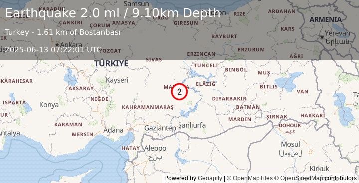 Earthquake EASTERN TURKEY (2.0 ml) (2025-06-13 07:22:02 UTC)