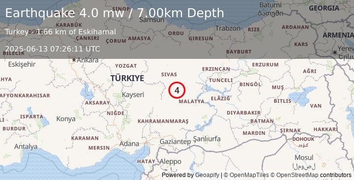 Earthquake CENTRAL TURKEY (4.0 mw) (2025-06-13 07:26:10 UTC)