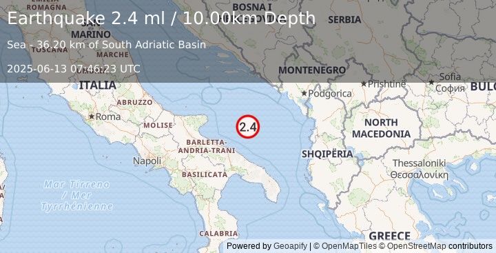Earthquake ADRIATIC SEA (2.4 ml) (2025-06-13 07:46:23 UTC)