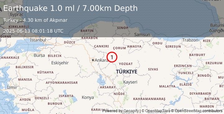 Earthquake CENTRAL TURKEY (1.0 ml) (2025-06-13 08:01:18 UTC)