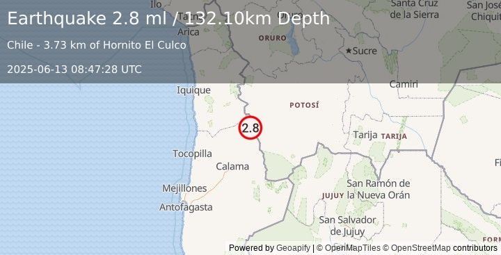Earthquake ANTOFAGASTA, CHILE (2.8 ml) (2025-06-13 08:47:28 UTC)