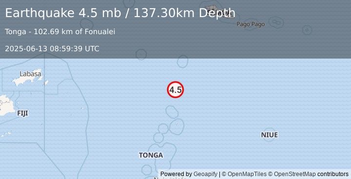 Earthquake TONGA (4.5 mb) (2025-06-13 08:59:37 UTC)