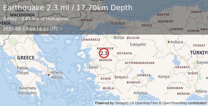 Earthquake WESTERN TURKEY (2.3 ml) (2025-06-13 09:16:07 UTC)