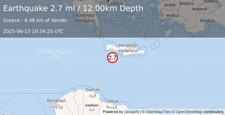 Earthquake CRETE, GREECE (2.7 ml) (2025-06-13 10:34:25 UTC)