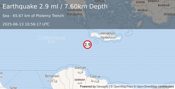 Earthquake CRETE, GREECE (2.9 ml) (2025-06-13 10:56:17 UTC)
