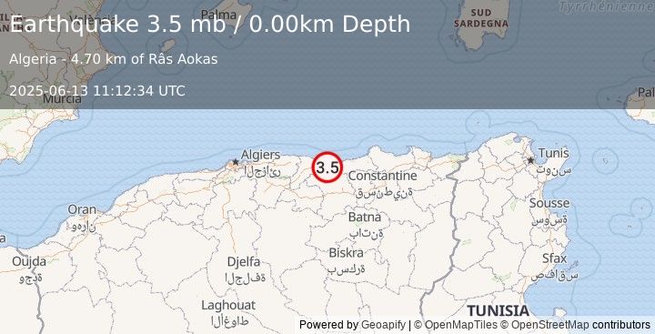 Earthquake NORTHERN ALGERIA (3.5 mb) (2025-06-13 11:12:34 UTC)