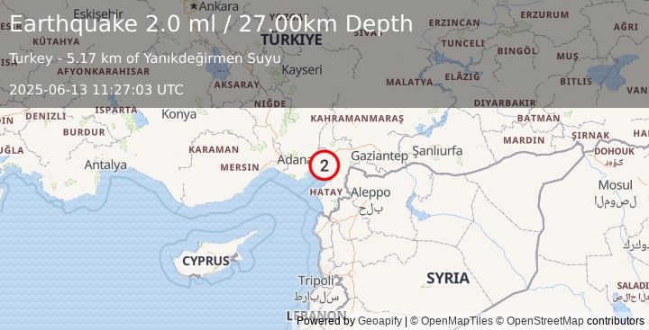 Earthquake TURKEY-SYRIA BORDER REGION (2.0 ml) (2025-06-13 11:27:03 UTC)