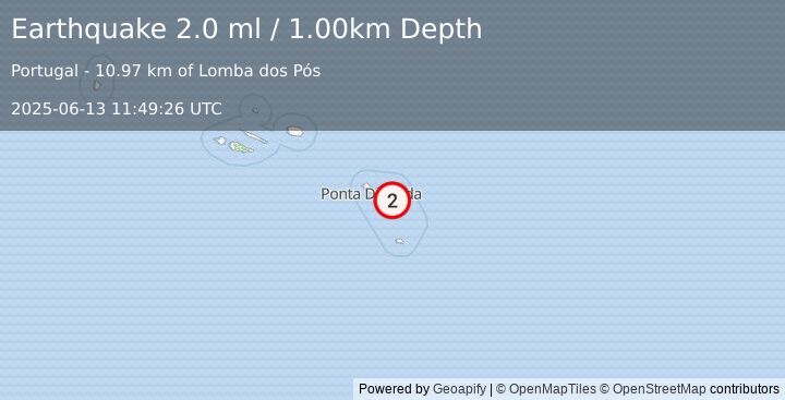 Earthquake AZORES ISLANDS, PORTUGAL (2.0 ml) (2025-06-13 11:49:26 UTC)