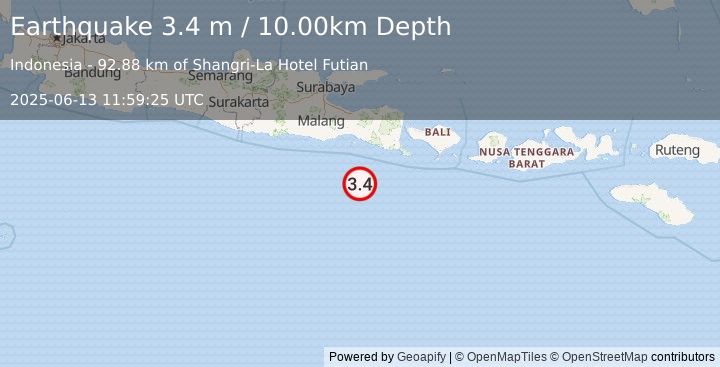 Earthquake SOUTH OF JAVA, INDONESIA (3.4 m) (2025-06-13 11:59:25 UTC)