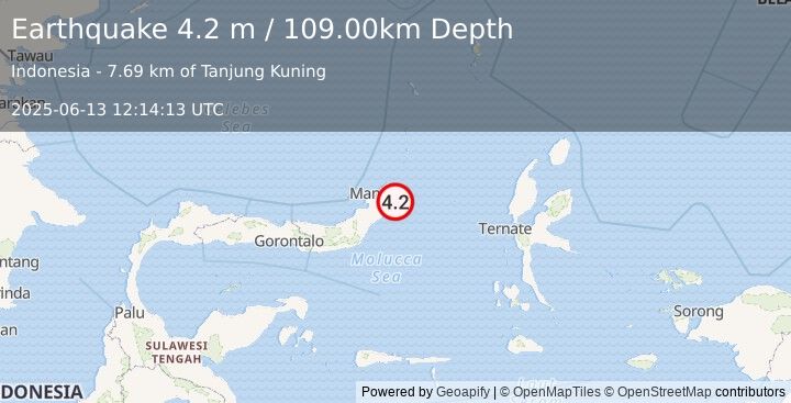 Earthquake MOLUCCA SEA (4.2 m) (2025-06-13 12:14:13 UTC)