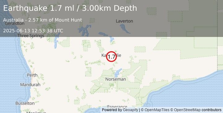 Earthquake WESTERN AUSTRALIA (1.7 ml) (2025-06-13 12:53:38 UTC)