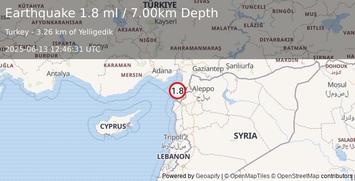 Earthquake TURKEY-SYRIA BORDER REGION (1.8 ml) (2025-06-13 12:46:31 UTC)