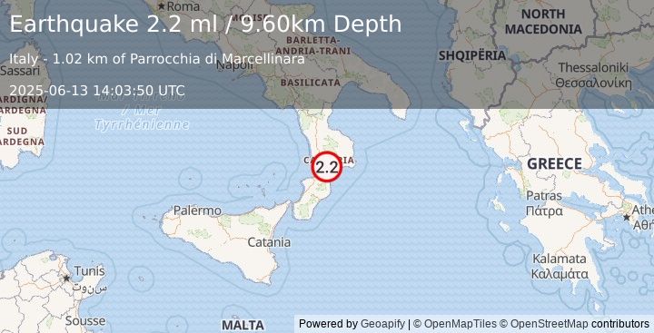 Earthquake SOUTHERN ITALY (2.2 ml) (2025-06-13 14:03:50 UTC)