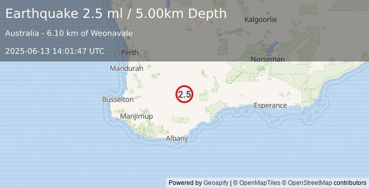 Earthquake WESTERN AUSTRALIA (2.5 ml) (2025-06-13 14:01:47 UTC)