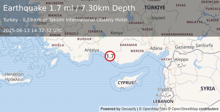 Earthquake CENTRAL TURKEY (1.7 ml) (2025-06-13 14:32:32 UTC)