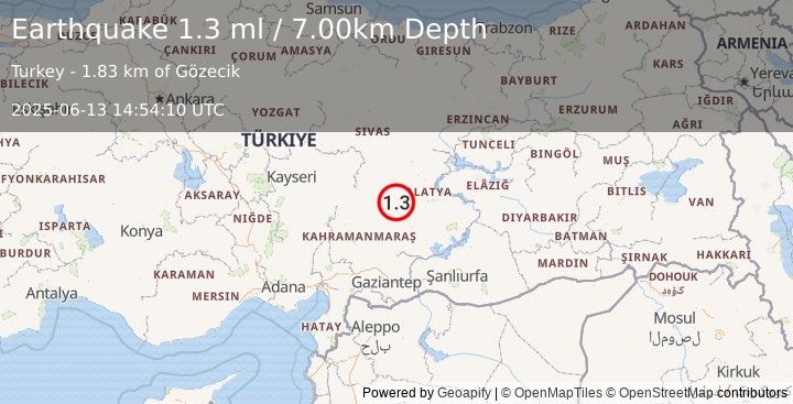 Earthquake CENTRAL TURKEY (1.3 ml) (2025-06-13 14:54:10 UTC)
