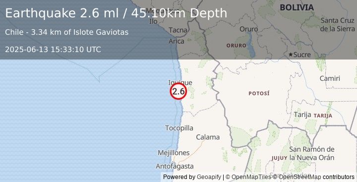 Earthquake OFFSHORE TARAPACA, CHILE (2.6 ml) (2025-06-13 15:33:10 UTC)