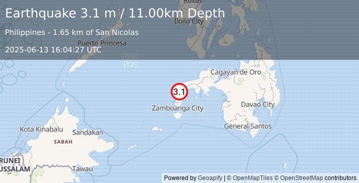 Earthquake MINDANAO, PHILIPPINES (3.1 m) (2025-06-13 16:04:27 UTC)
